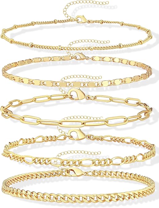 Gokeey Ankle Bracelets for Women Waterproof, 14k Gold Plated Jewelry Set Layered Cuban Figaro Link Chain Anklets Set Gold Anklets Summer Boho Beach Jewelry Gift Adjustable Size