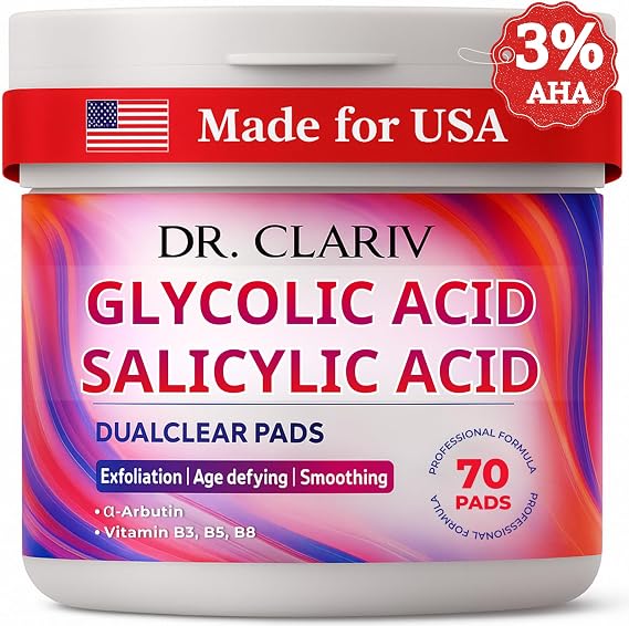 Exfoliating Pads with Glycolic Acid 3% and Salicylic Acid 0.5%, AHA BHA Daily Peel Pads with Vitamin B3 B5 B8, Unscented, Large Size 7 Cm, 70 Count (Unscented)
