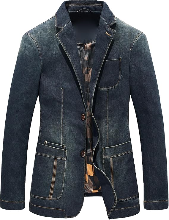 DGKaxiyaHM Men's Vintage Suit Blazer Jean Jacket Notch Lapel Work Denim Jacket Business Casual Blazer Jacket Coat