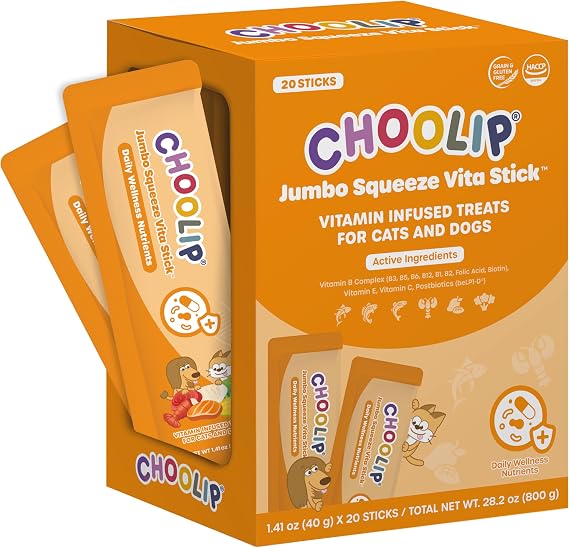 Choolip Squeeze Vita Stick Lickable Cat and Dog Treats 20-Pack of 40g Real Fish Puree with Multivitamins & Postbiotics Hydrating, Gut & Immune Support Large Breeds & Multi-Pet Homes