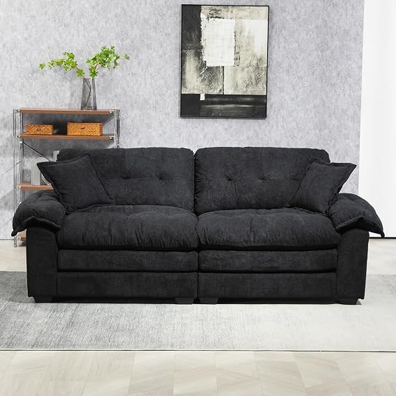 84" Chenille Cloud Sofa Couch for Living Room, Comfy Upholstered Deep Seat Sofa Couches, Modern 3-Seat Couch Oversized Loveseat with 2 Pillow for Bedroom, Apartment, Office, Black