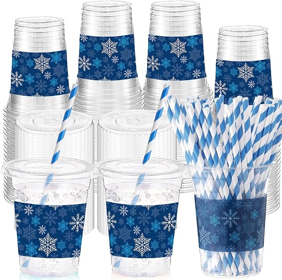 Shellwei 50 Set 16 oz Winter Snowflakes Plastic Cups with Lids and Straw Disposable Clear Ice Coffee Beverage Drinking Cups for Christmas Birthday Winter Decorations (Dark Blue Sliver)