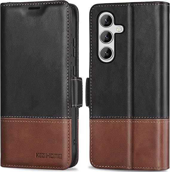 KEZiHOME Case for Galaxy S24 5G, Genuine Leather [RFID Blocking] Wallet Case with Card Slots Kickstand Folio Flip Phone Cover Compatible with Galaxy S24 5G (2024) (Black/Brown)