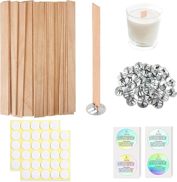 200 Pcs Thicked Wood Candle Wicks for Candle Making, 5.1 X 0.51X 0.06 Inch Upgrade Wood Wicks, Wooden Wicks Box Includes Iron Stander, Glue Dot, and Warning Labels (50 Sets)