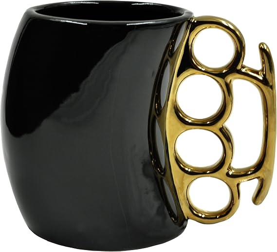 Brass Knuckles Cup - Black and Gold Ceramic Self-Defense Novelty Coffee Mug, Unique Knuckles Mug for Collectors, Perfect Odd Coffee Mug Gift Idea for Christmas, Father's Day & More