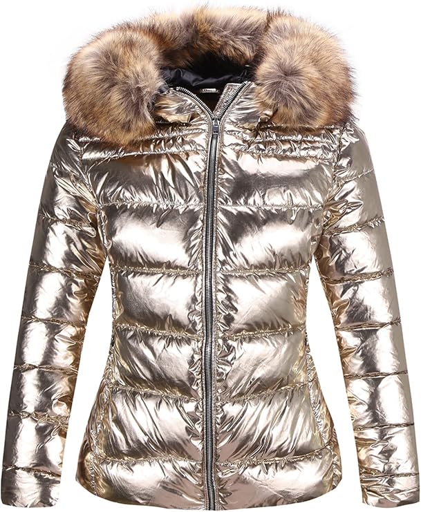 Bellivera Women's Quilted Puffer Jacket Slim Fit Hood Winter Coat | Lightweight Long Sleeve Windproof Warm Bubble Padded Zip Up Outerwear with Removable Faux Fur Collar For Cold Weather