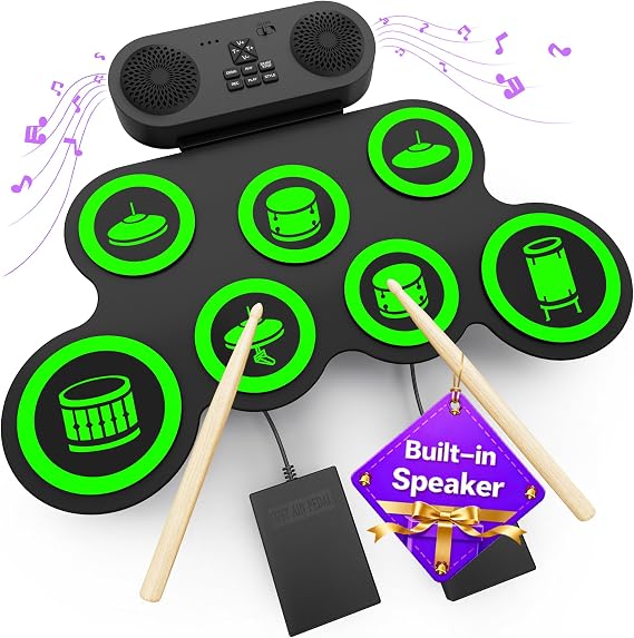 Electric Drum Set, Built-in Dual Speaker Drum Pad and Sticks Kit | Supports REC, Headphone, Portable Roll Up Drums Practice Pad, Great Holiday Birthday Gifts