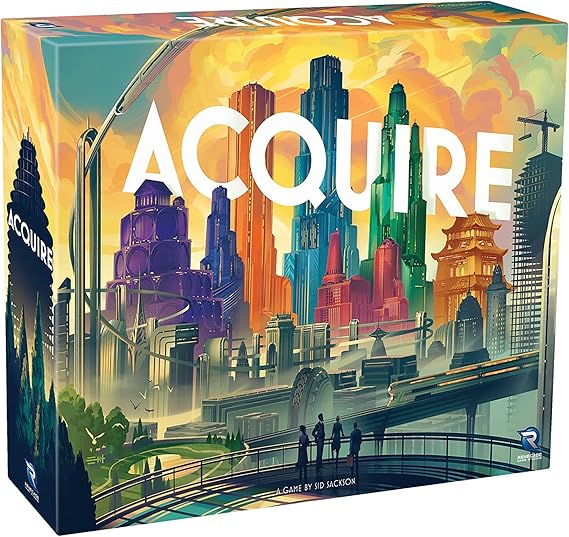 Renegade Game Studios Acquire Board Game - Classic Strategy & Tycoon Modes | Strategic real estate tycoon game for 2-6 players ages 12+. Includes 9x12 grid board and legible building tiles
