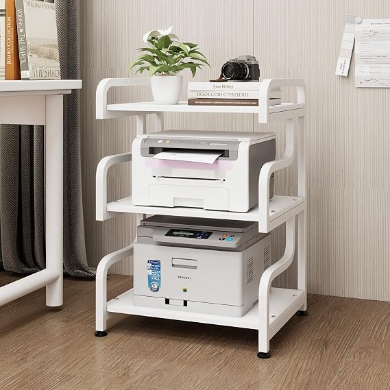 Natwind Stylish 3 Tier Printer Stand, Office Desk Side Storage Shelf ,White | Rolling Printer Cart with Wheels,Fits Two Printers,Multi-Functional Storage Organizer Stand for Home Office,Living Room