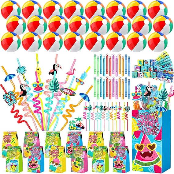 Pool Party Favors and Beach Party Favors - 120 PCS Party Bag Stuffers Including Beach Balls, Summer Theme Straws, Bubble Wands, and more for Beach Pool Party Favors, Birthday Party Supplies 4-8 8-12