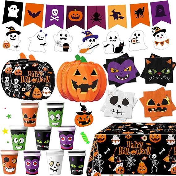 Halloween Party Supplies Kit Includes Pumpkin Shaped Disposable Plates, Napkins, Cups, Banner, Tablecloth for Halloween Birthday Baby Shower Decorations, Serves 24