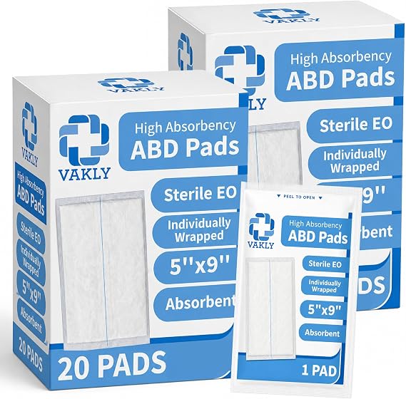 Vakly ABD Pads 5x9 Sterile (40 Pack) Abdominal Combine Gauze Pads, High Absorbency Non-Adherent Wound Dressing for Heavy Drainage & First Aid, Individually Wrapped