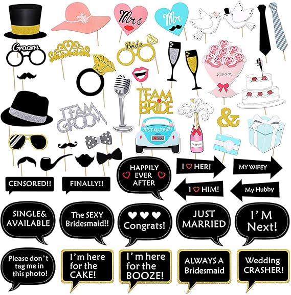 Konsait Wedding Photobooth Props Kit, Engagement Photo Booth Accessories with Wooden Dowels for Bridal Shower Wedding Favour Party Decorations Funny Selfie Props (52 Counts)