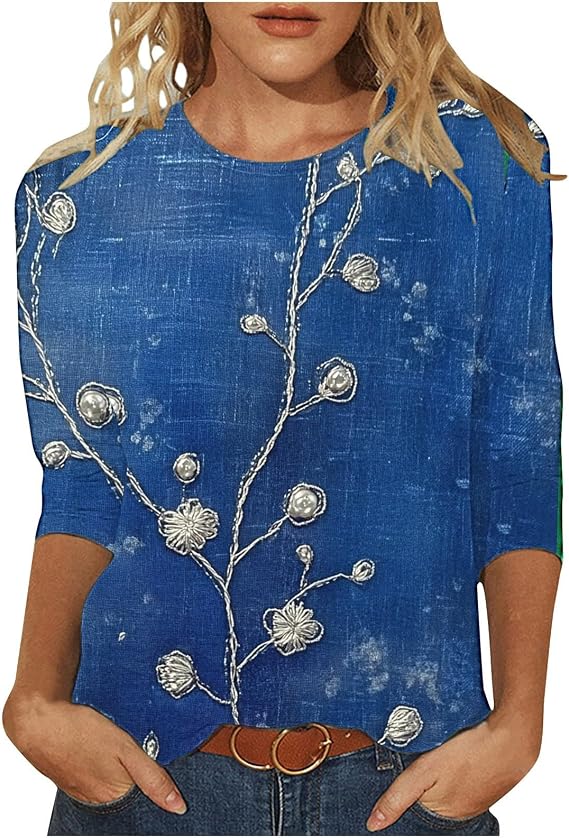 PBNBP Womens Summer Tops 3/4 Sleeve Blouses Dressy Casual Shirts Boho Floral Tshirt Beach Vacation Clothes Trendy Tunic Tops