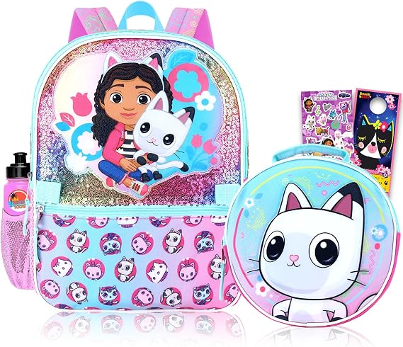 DreamWorks Animation SKG Gabby's Dollhouse Mini Backpack with Lunch Box - Bundle with 14 Backpack, Lunch Bag, Water Bottle, Stickers, More | Gabby's Dollhouse Preschool Bag for Toddler Girls