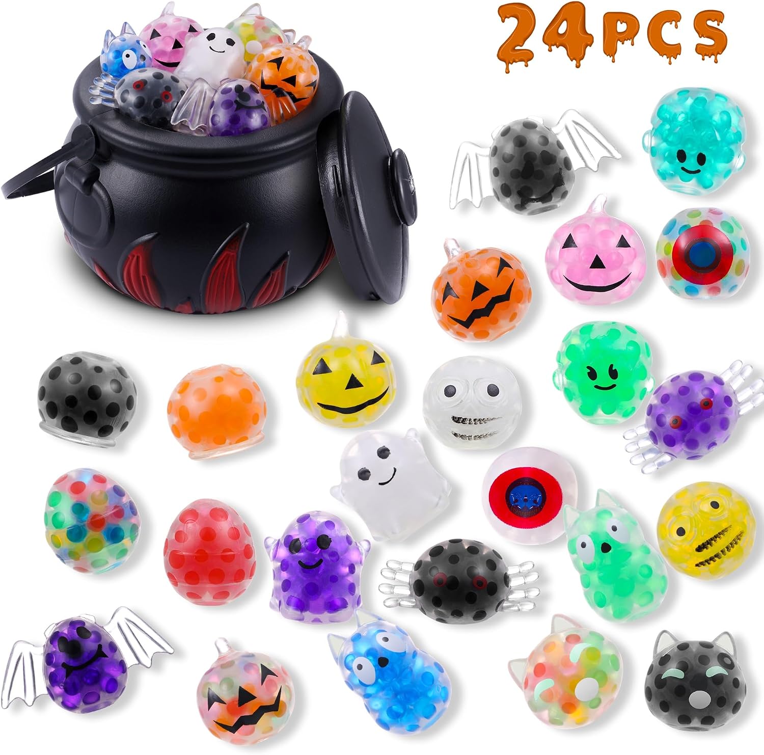 Halloween Party Favors，5.5 Halloween Cauldron with 24 Pcs Mochi Squishy Toys，Halloween Mini Kawaii Squeeze Toys for for Kids Girls Boys Trick or Treat Bags Gifts，School Classroom Rewards