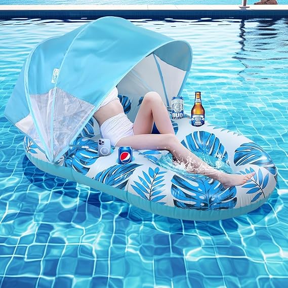 Inflatable Pool Chairs for Adults, Pool Float, With Sunshade&Beverage Rack | The ergonomic backrest and removable, adjustable awning, along with the beverage holder, allow you to stay hydrated anytime