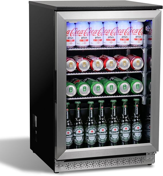 20 Inch Under Counter Beverage Fridge with Glass Door, Beverage Refrigerator Cooler 120 Can,Built in or Freestanding,Fast Cooling,Quiet 39 dBs,Blue LED Light Cooler for Bar, Home, Office