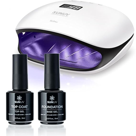 SUNUV SUN4 48W UV LED Nail Lamp, 15ml Top and Base Coat Gel Polish Set Home and Salon Use