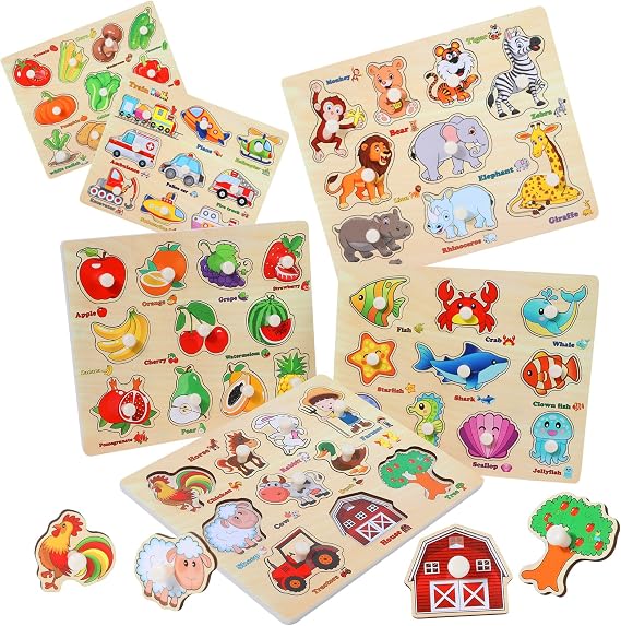 Wooden Peg Puzzles for Toddlers 1-3,6 Pack Educational Board Toys