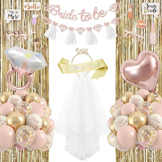 Bride To Be Decorations, Hen Party Decorations, Pink and White Balloons, Bridal Shower Decorations with Bride to Be Banner, Bride to Be Sash, Fringe Curtain, Photo Props with Bride Glasses
