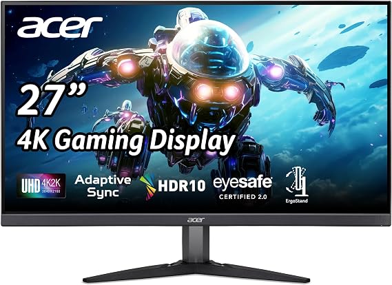 acer Nitro 27 Inch UHD 3840 x 2160 IPS PC Gaming Monitor | Adaptive-Sync Support (FreeSync Compatible) | 4ms (G to G) | HDR10 | 99% sRGB | One Display Port 1.2 & Two HDMI 2.0 | KG272K Lbmiipx
