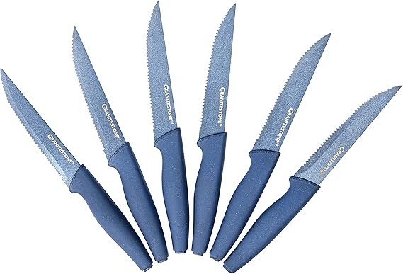 Granitestone Steak Knife Set of 6-Serrated Steak Knives-Dishwasher Safe Steak Knives-Stainless Steel Steak Knives Set-Dinner Knives, Blue