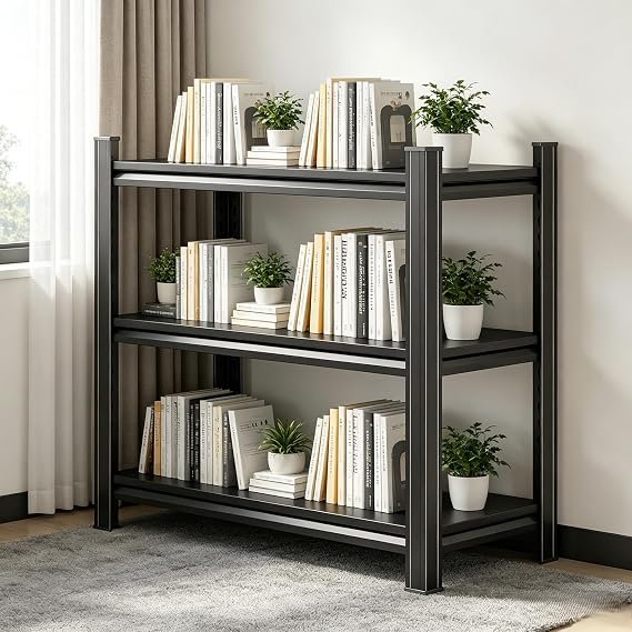 3 Tier Bookshelf Metal Book Shelf Adjustable Printer Stand, 28"W x 14"D x32"H Open Storage Shelves, Heavy Duty Industrial Storage Rack Utility Shelving Unit for Office Home, Easy Assembly, Black