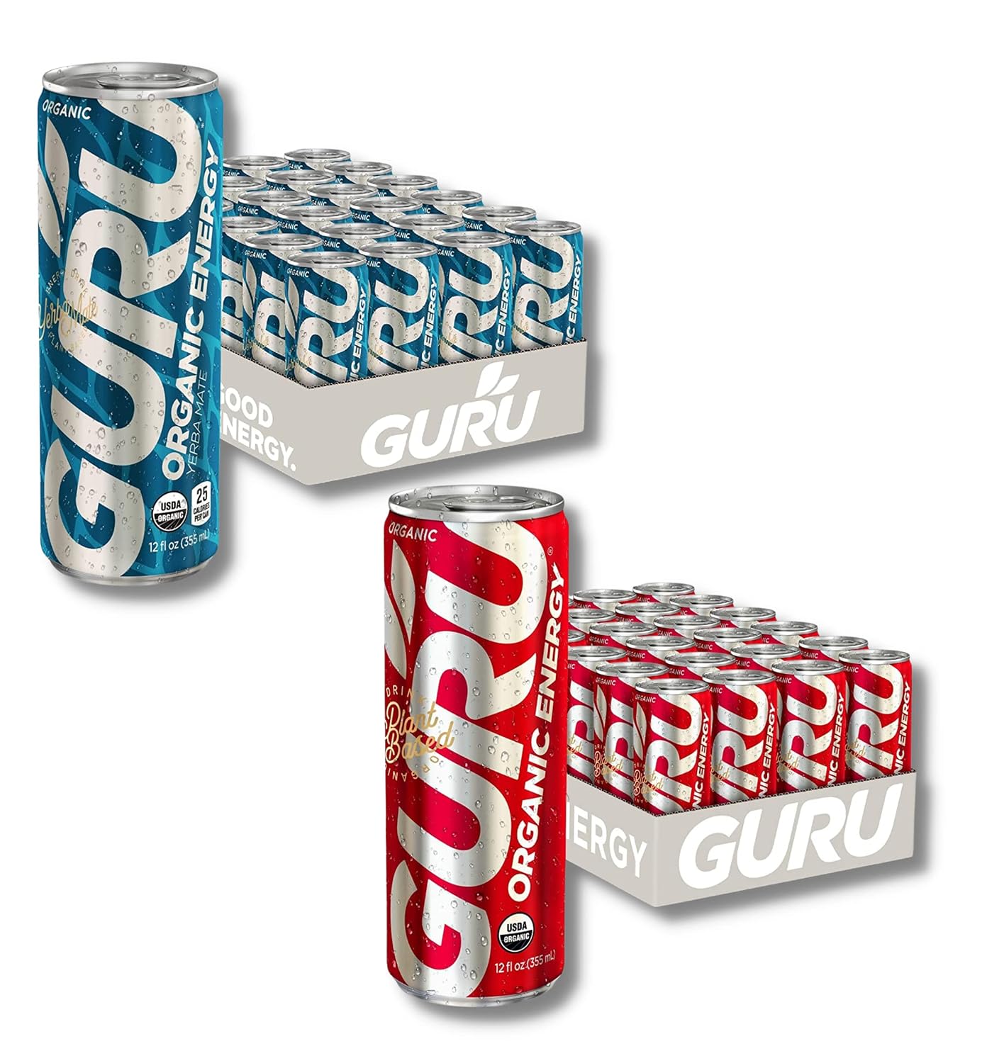 GURU Plant-Based Yerba Mate Energy Drink 12 oz-24 pack and GURU Original Plant-Based Energy Drink 8.4 oz-24 pack