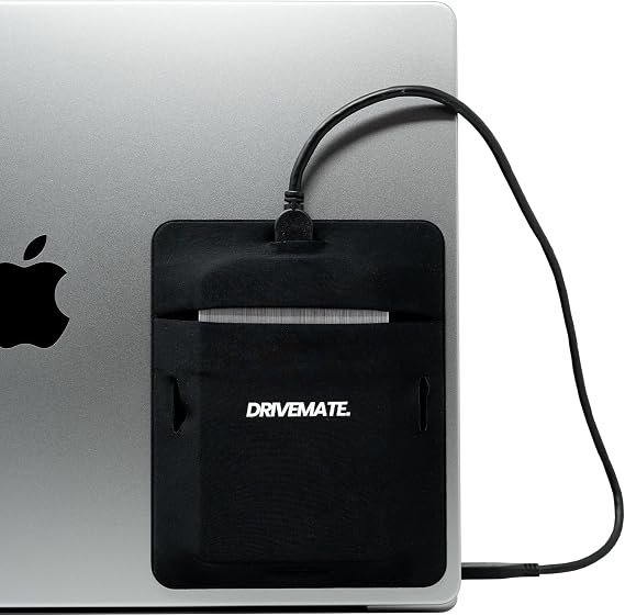 DriveMate - External Hard Drive Case - SSD Holder for Laptop - Portable Hard Drive Holder - Fits Most Drives, Cords, Sunglasses, Smartphones - Reusable Adhesive Pocket Pouch - Black