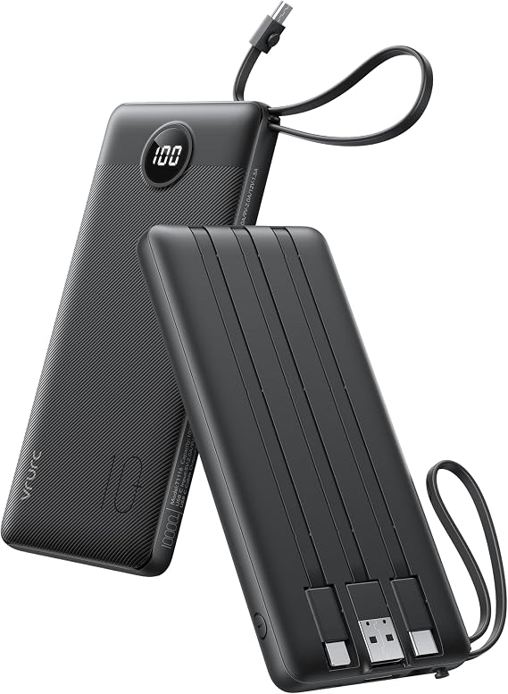 VRURC Portable Charger Power Bank, Built-in 4 Cables & 2 Ports 10000mAh | LED Display Slim Battery Pack,Travel Essential Portable Phone Charger 5 Output for Multi Devices,Student/Teens(1Pack)