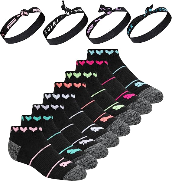 PUMA Girls' Girls' 8 Pack Low Cut Socks + 4 Pack Hair Ties