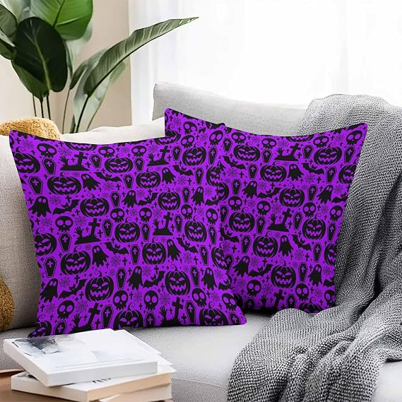 Outdoor Waterproof Pillow Covers 18x18Inch Pumpkin Ghost Skull Tombstone Throw Pillowcases for Patio Garden Couch Sofa Halloween Purple Black Decorative Cushin Case,Pack of 2