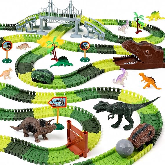 Dinosaur Race Track Toys for Kids - Birthday Gifts for Boys Ages 3 4 5 6 7, 280+ PCS Flexible Car Track Set with 2 Vehicles, Build Your Own Dino Adventure