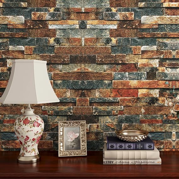 FunStick 15.8x472 Brown Red Blue 3D Brick Wallpaper Peel and Stick Textured Brick Removable Wallpaper for Bedroom Living Room Accent Wall Panels Backsplash Renter Friendly Vintage Vinyl Contact Paper
