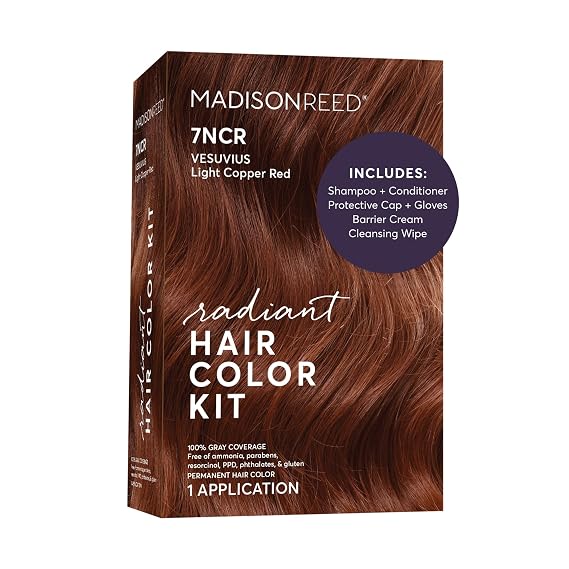 Madison Reed Radiant Hair Color Kit, 7NCR Light Copper Red, 1 Pack | Superior Gray Coverage, Ammonia-Free, PPD-Free, Dermatologist-Tested, Permanent Hair Dye, Vesuvius Red