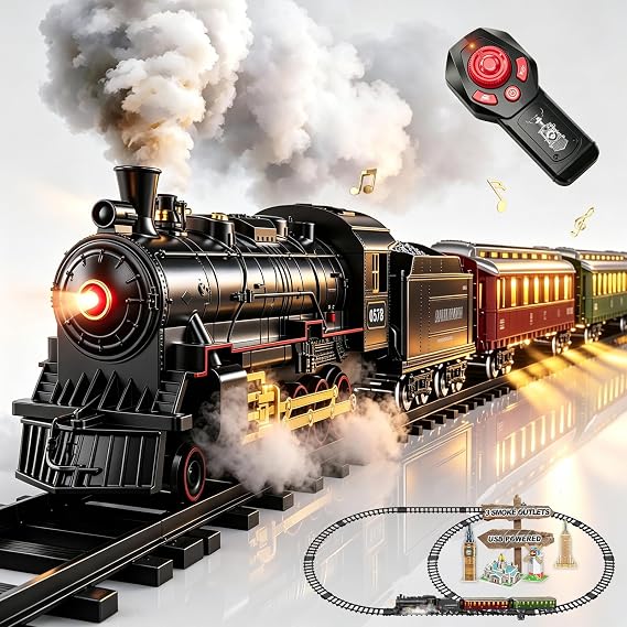 Electric Train Sets Remote Control for Kids Christmas Train Toys Steam Locomotive w/3 Smokes, Glowing Passenger Carriages, Luxury Tracks, Light & Sounds Birthday Gifts for Boys Girls