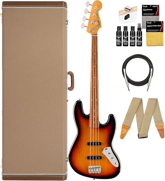Fender Jaco Pastorius Jazz Bass - 3-Color Sunburst Bundle with Deluxe Hard Case, Strap, Cable, and Guitar Cleaning Kit