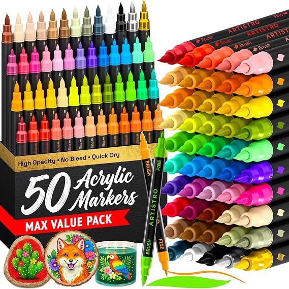 ARTISTRO 50 Acrylic Dual-Tip Glass Marker Pens for Wine Glasses