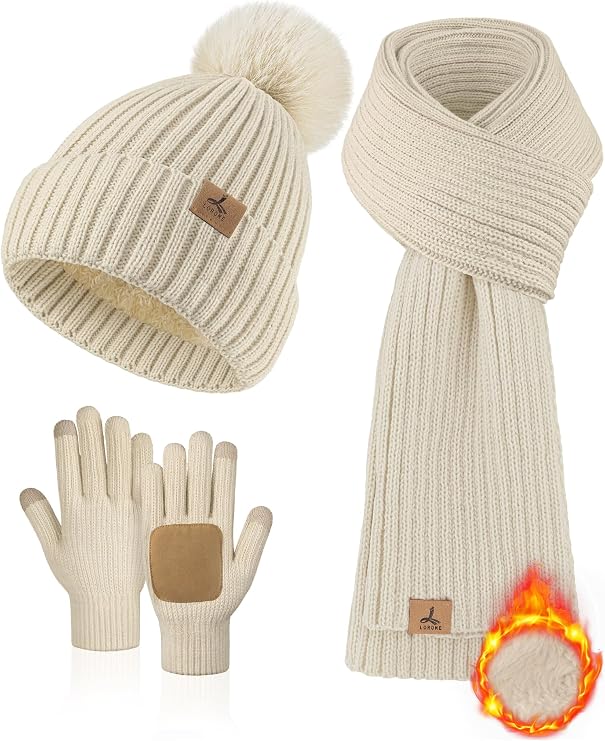 LOROME Women Winter Beanie Hat Scarf Gloves Set, Fleece Knitted Winter Gift