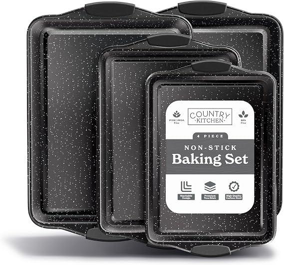 Country Kitchen Nonstick Stackable Bakeware Set - Heavy Duty, Durable, Easy Release Baking Set, Black, 4 Pcs