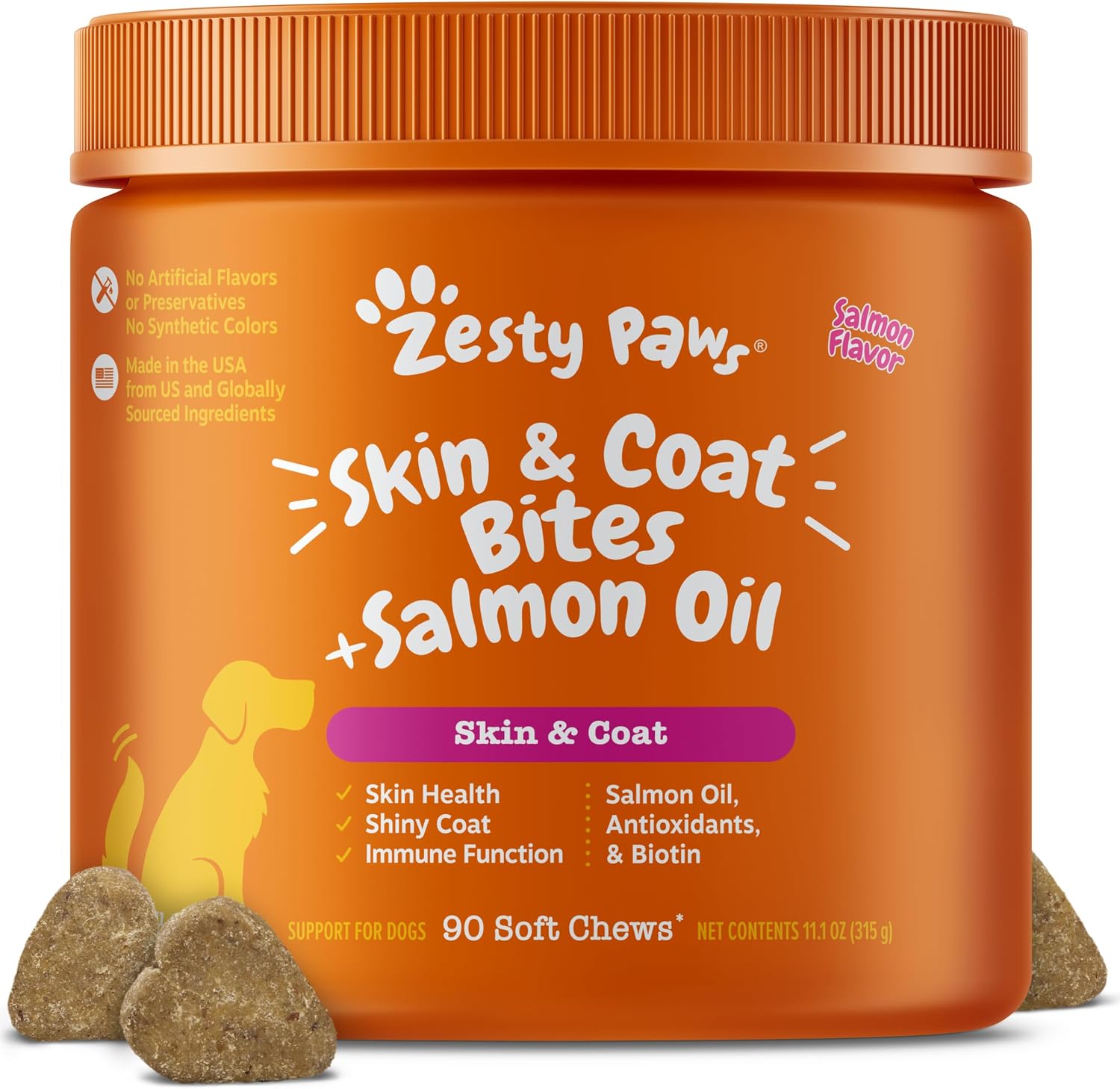 Zesty Paws, Salmon Bites for Dogs, Skin & Coat, All Ages, Salmon Flavour, 90 Soft Chews