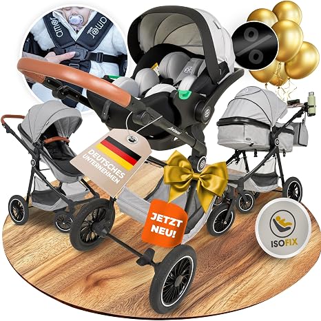 3-in-1 Pushchair and Car Seat with Baby Seat Chassis Combination Set Stroller Baby Isofix Station & 5-Point Safety Belt Pram Buggy Travel Buggy Baby Pram