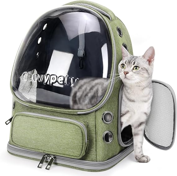 Cawypety Expandable Cat Backpack,Cat Bubble Backpack Carrier for Carrying Cats, Pets and Small Dogs,Airline-Approved,Designed for Travel, Hiking, Walking,Car (Green.)