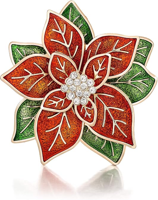 RareLove Big Size 2.2" Pretty Red Green Poinsettia Flower Christmas Pins and Brooches CZ Rhinestone Crystal Brooch Pin Gift For Women Alloy Plated