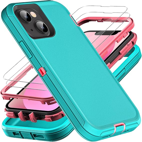 YKHJKLEC for iPhone 13 Mini Case, Military Grade 3 in 1 Heavy Duty Shockproof/Drop Proof/Dust Proof Case with 2Pcs Tempered Glass Screen Protector (Aqua Blue/Pink)