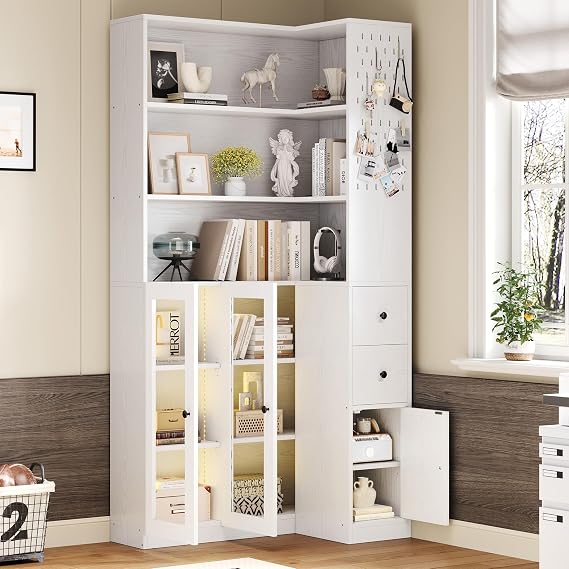 IRONCK 78.7" Corner Bookshelf with LED Lights, Pegboard & Drawers, White | 7-Tier Corner Storage, Space-saving L-shaped Design for Living Room