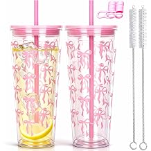 710ml Reusable Tumbler with Straw and Lid, 2 Pack Insulated Cup for Iced Coffee, Hot/Cold Drink, Plastic Travel Mug for Office, Travel, Camping, Beach, Outdoor (2, Pink)