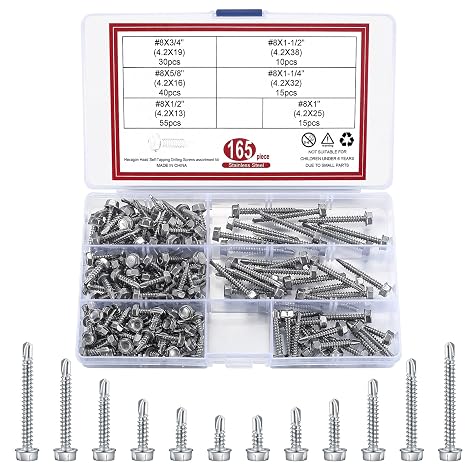 165 Pcs #8 Stainless Steel Self Tapping Screws for Metal, Sheet Metal Screws, Self Drilling Screws for Metal, Hex Head Self-Tapping Screws Assortment Kit (1/2", 5/8", 3/4", 1", 1-1/4", 1-1/2")