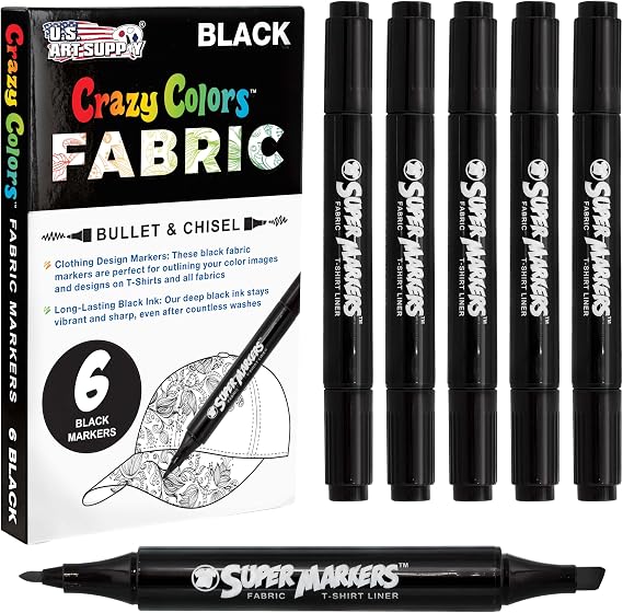 U.S. Art Supply Super Markers Black Dual Tip Fabric Markers Permanent for Clothes - Set of 6 Fabric Pens with Permanent Ink, Double-Ended with Chisel Point and Fine Point Tips
